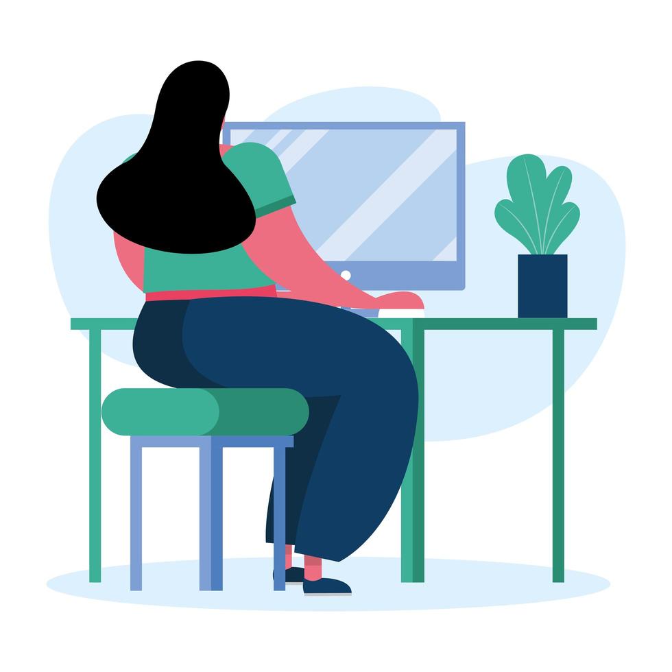 young woman using the computer vector