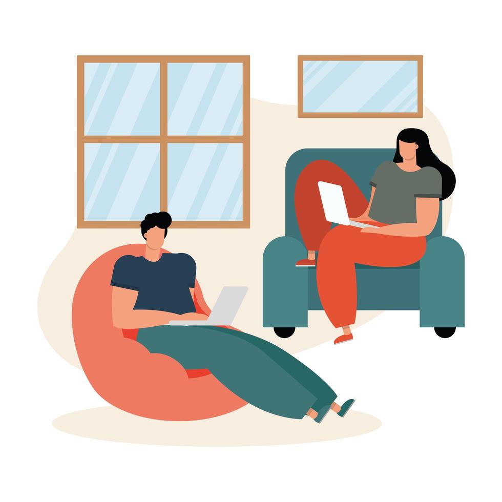 young couple using laptops indoors vector