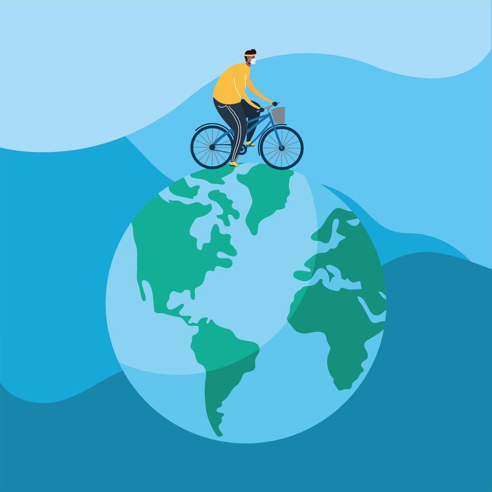 Man with face mask riding a bike outdoors vector