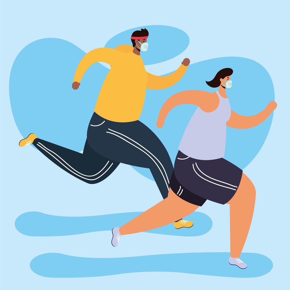 young couple wearing medical masks, running avatars characters vector