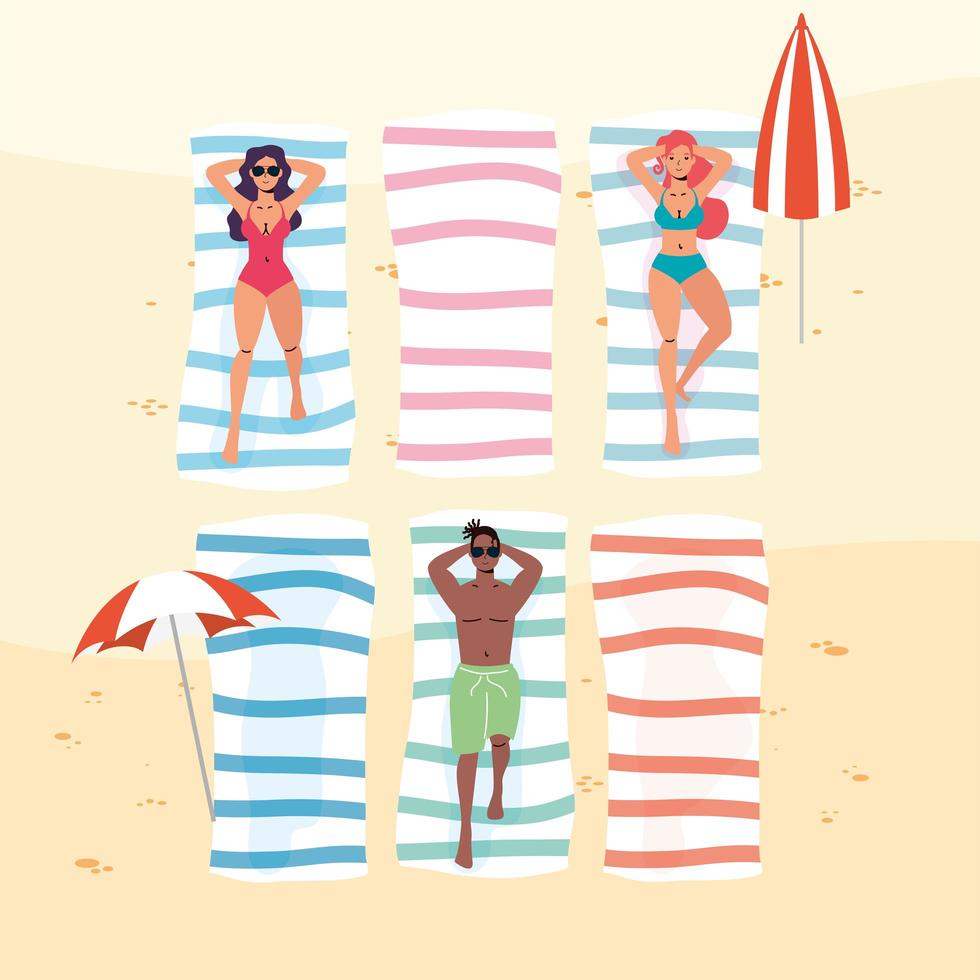 People practicing social distance at the beach vector