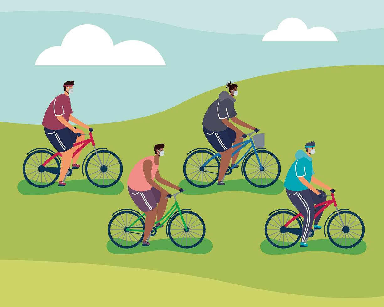 young men wearing medical mask on bicycles vector