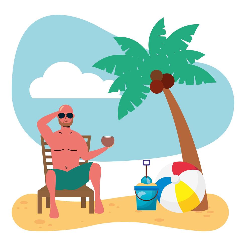 Hombre con un coco en traje de baño en la playa. vector