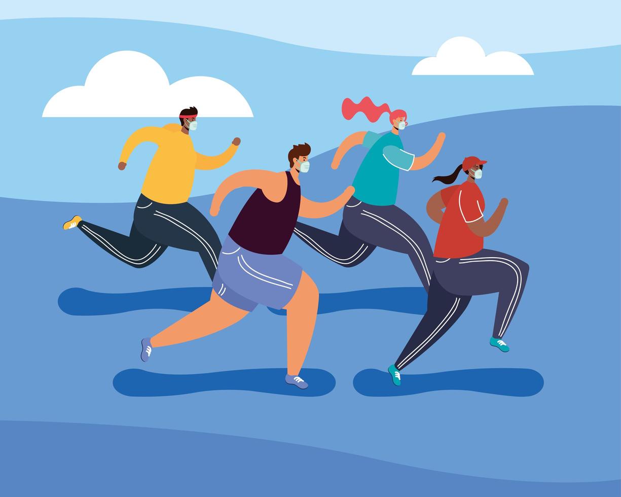 young people wearing medical masks running avatars characters vector