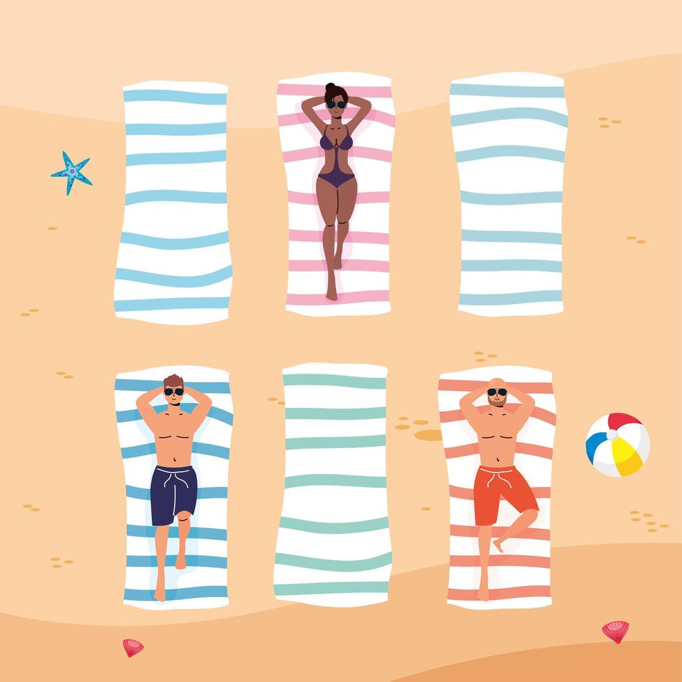 People practicing social distance at the beach vector