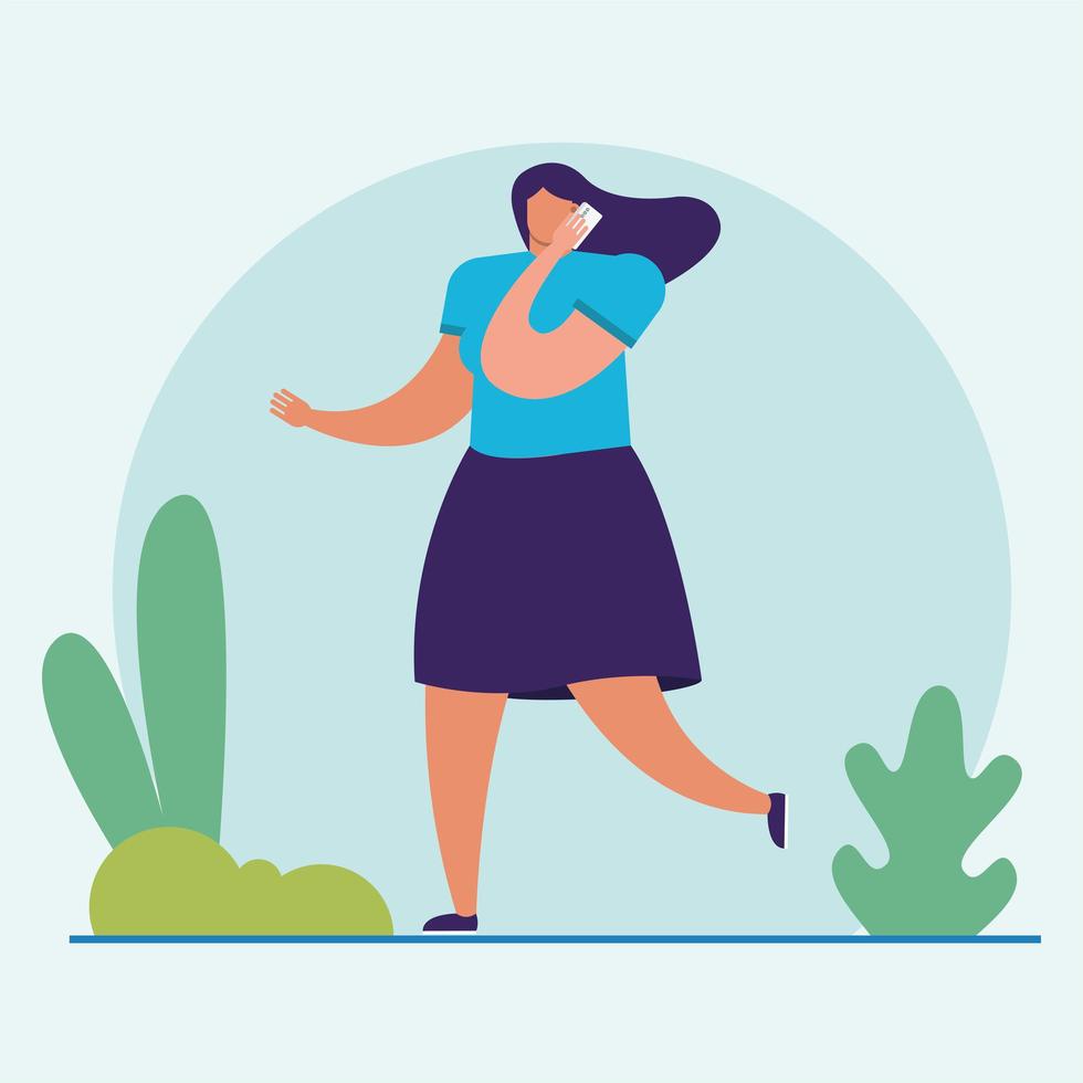 mujer joven, ambulante, con, smartphone vector