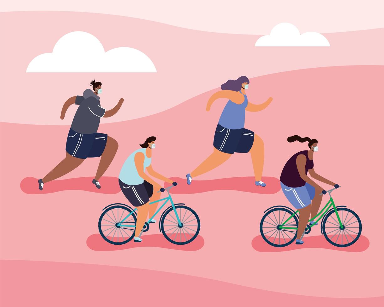 young people wearing medical masks on bicycles vector