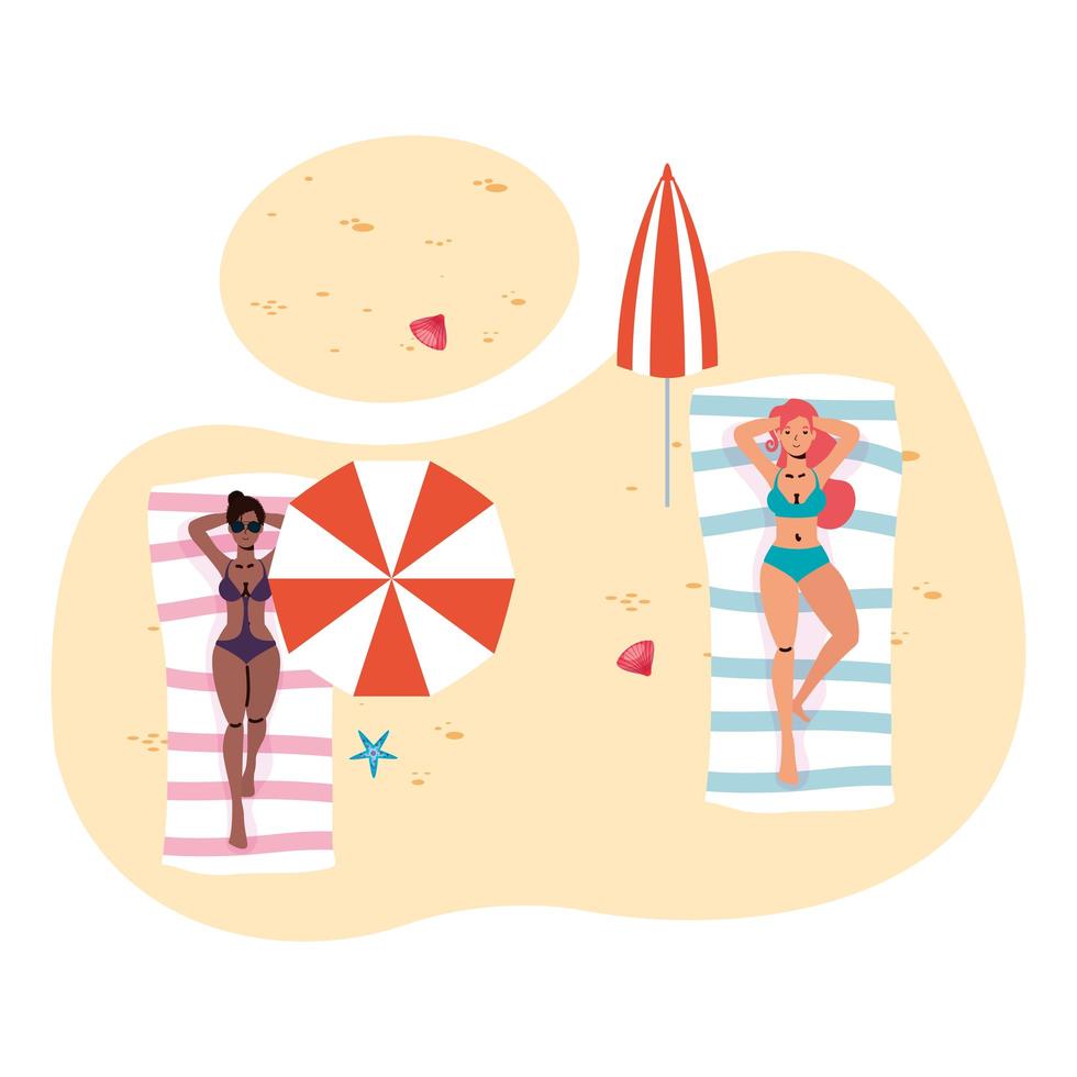 Mujeres interraciales practicando distancia social en la playa. vector