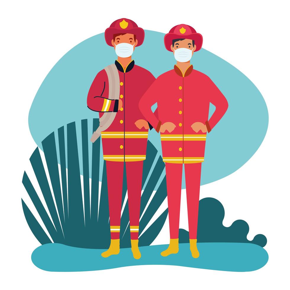 fire fighters wearing wearing face masks vector