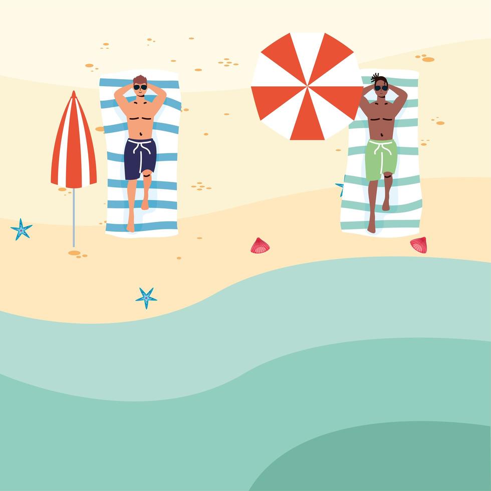 Interracial men practicing social distance at the beach vector