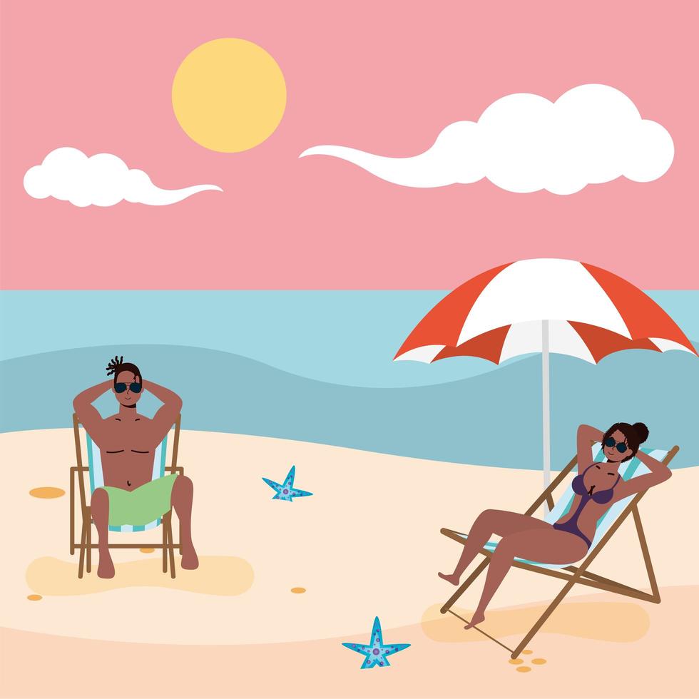 Afro couple practicing social distance at the beach vector