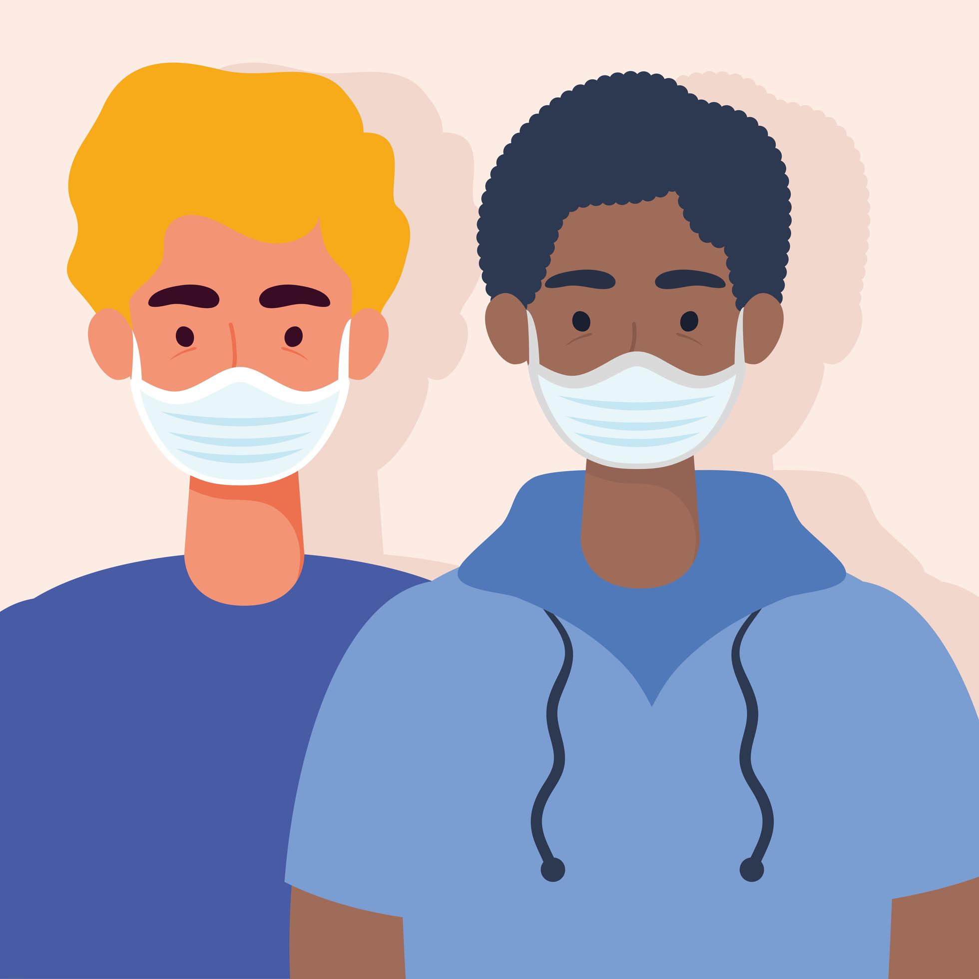 Young men wearing face masks 1982396 Vector Art at Vecteezy