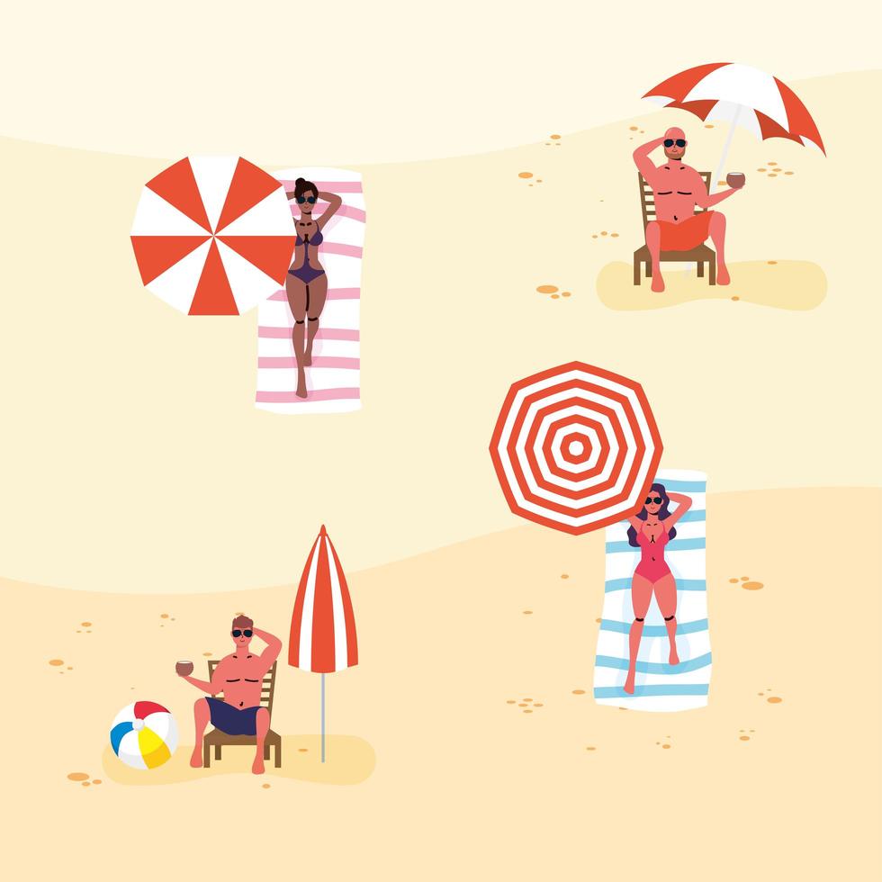 People practicing social distance at the beach vector