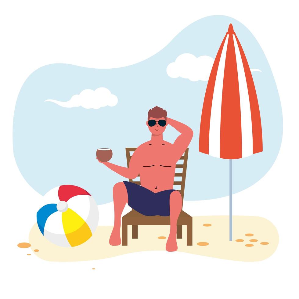 Hombre con un coco en traje de baño en la playa. vector