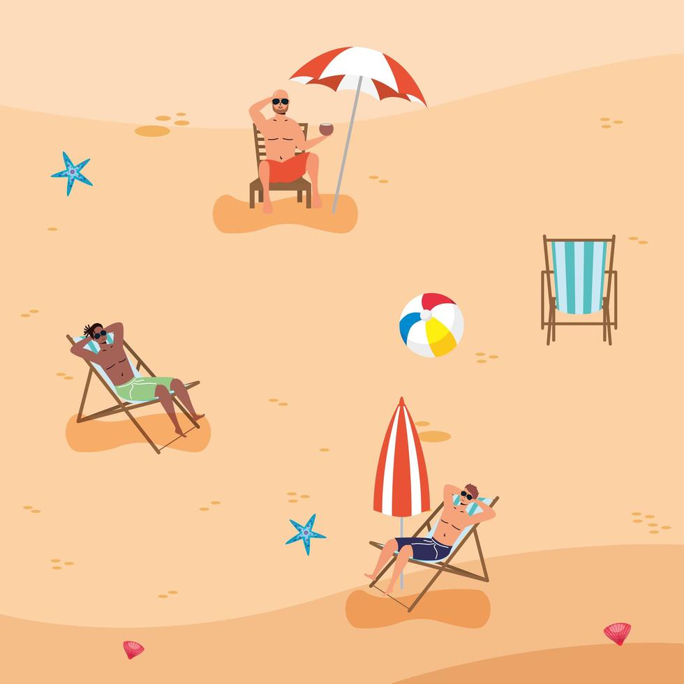 Interracial men practicing social distance at the beach vector