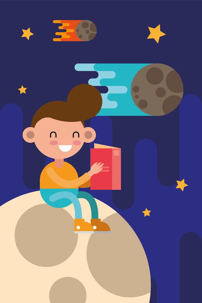 niño pequeño estudiante leyendo un libro en la luna vector
