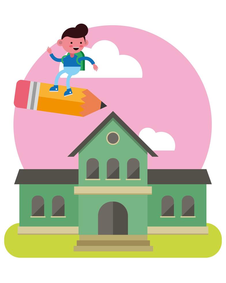 little boy flying on a pencil in front of the school vector