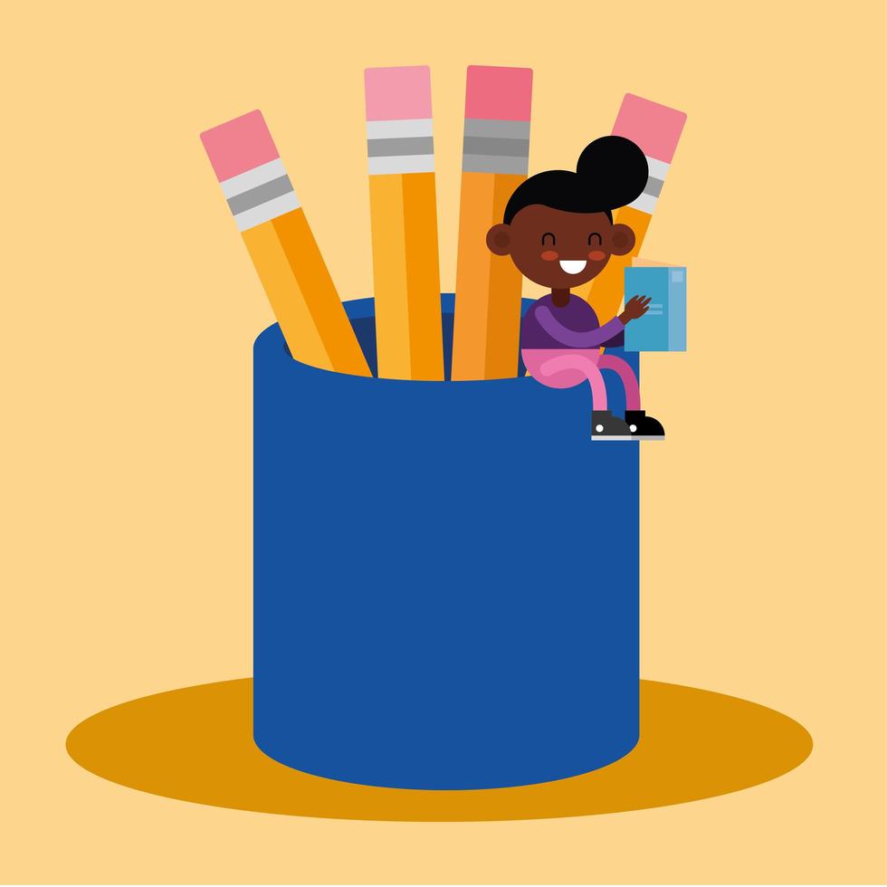 little student boy sitting on a pencil holder vector