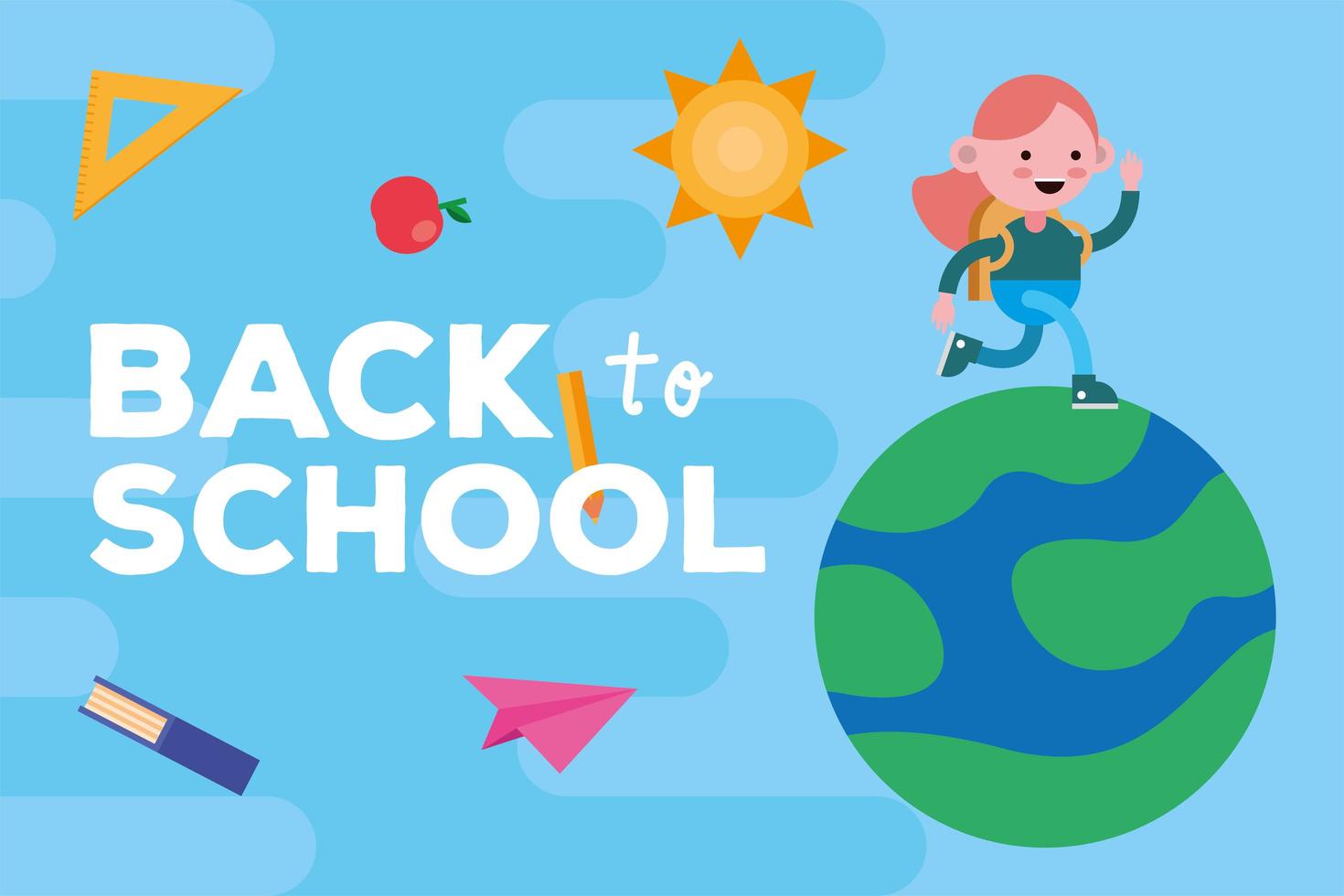 Back to school banner with student girl walking on a planet vector