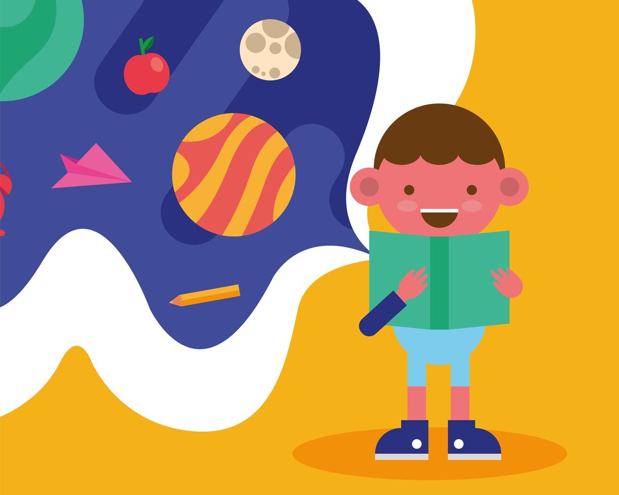 Little school boy reading a book vector
