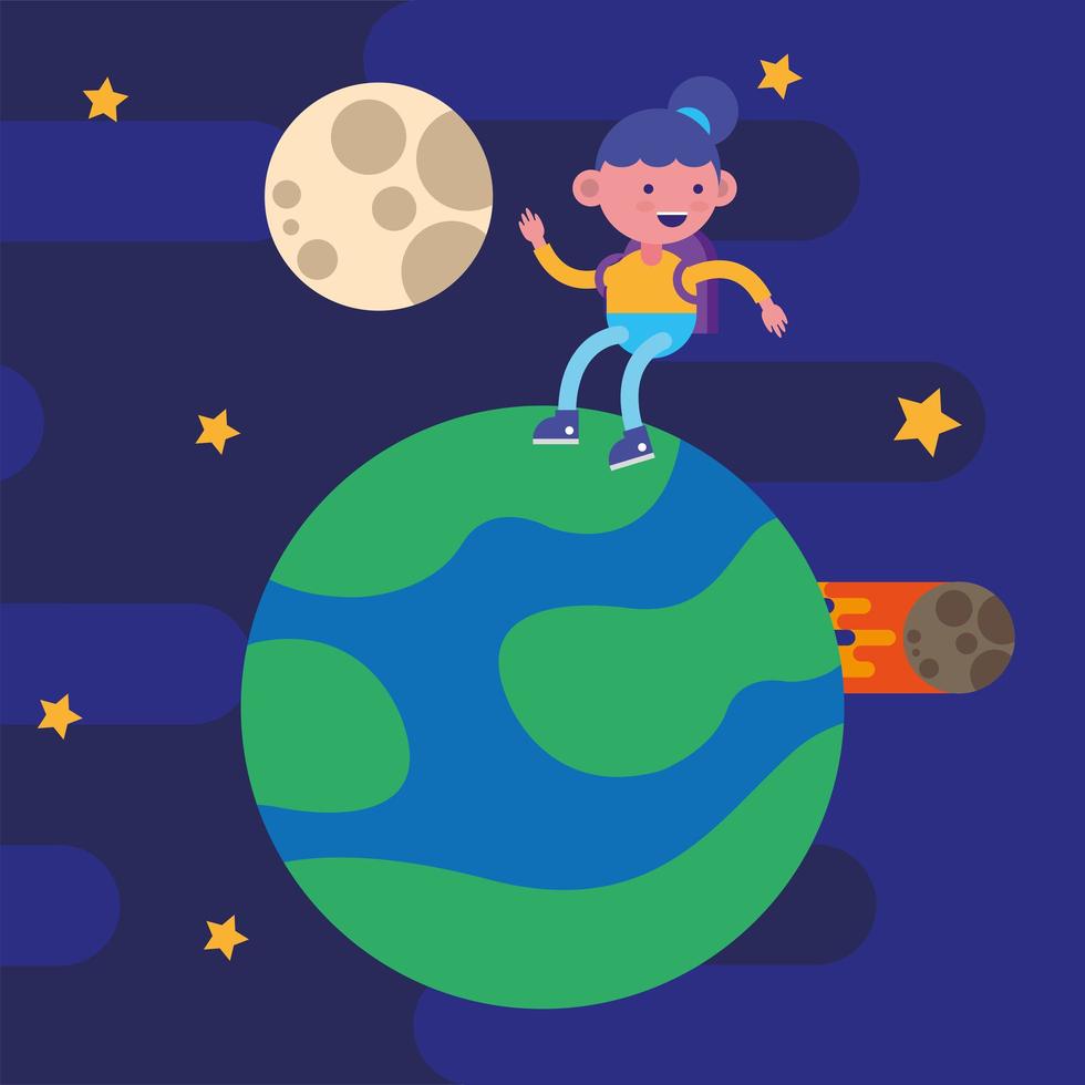 Little student girl on a planet vector