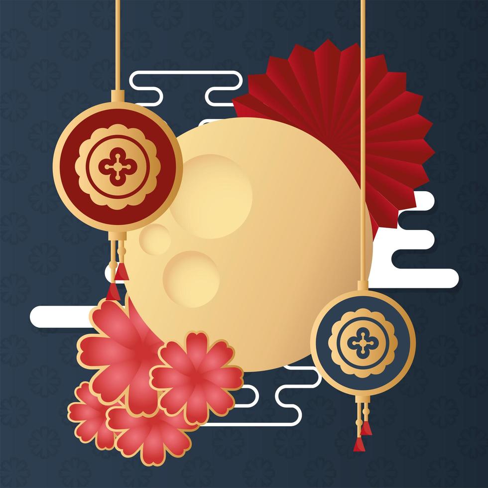 mid autumn festival poster with moon and flowers vector
