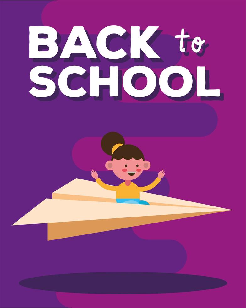 Back to school banner with student girl flying on a paper plane vector