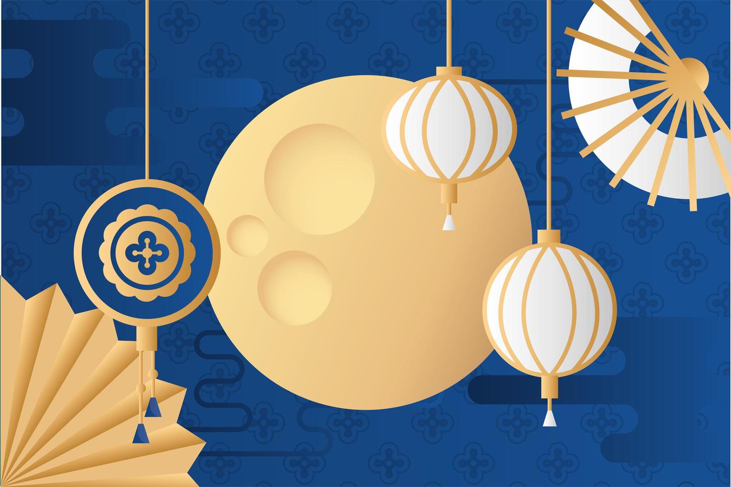 mid autumn festival poster with moon and lanterns hanging vector