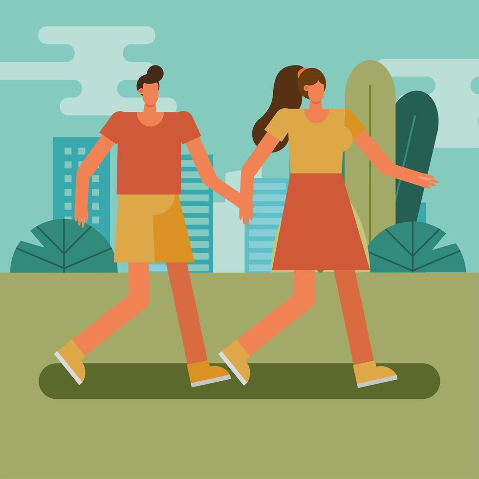 young couple walking outdoors vector