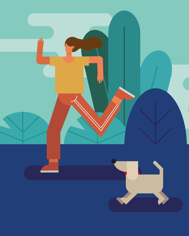 mujer joven, funcionamiento, con, el, perro, aire libre vector