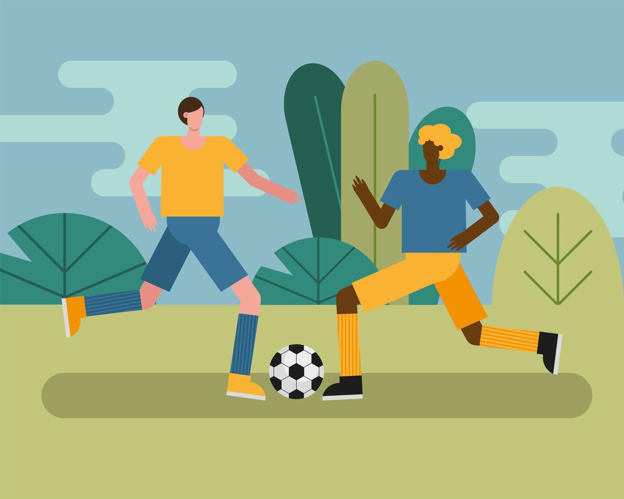 young men playing soccer vector