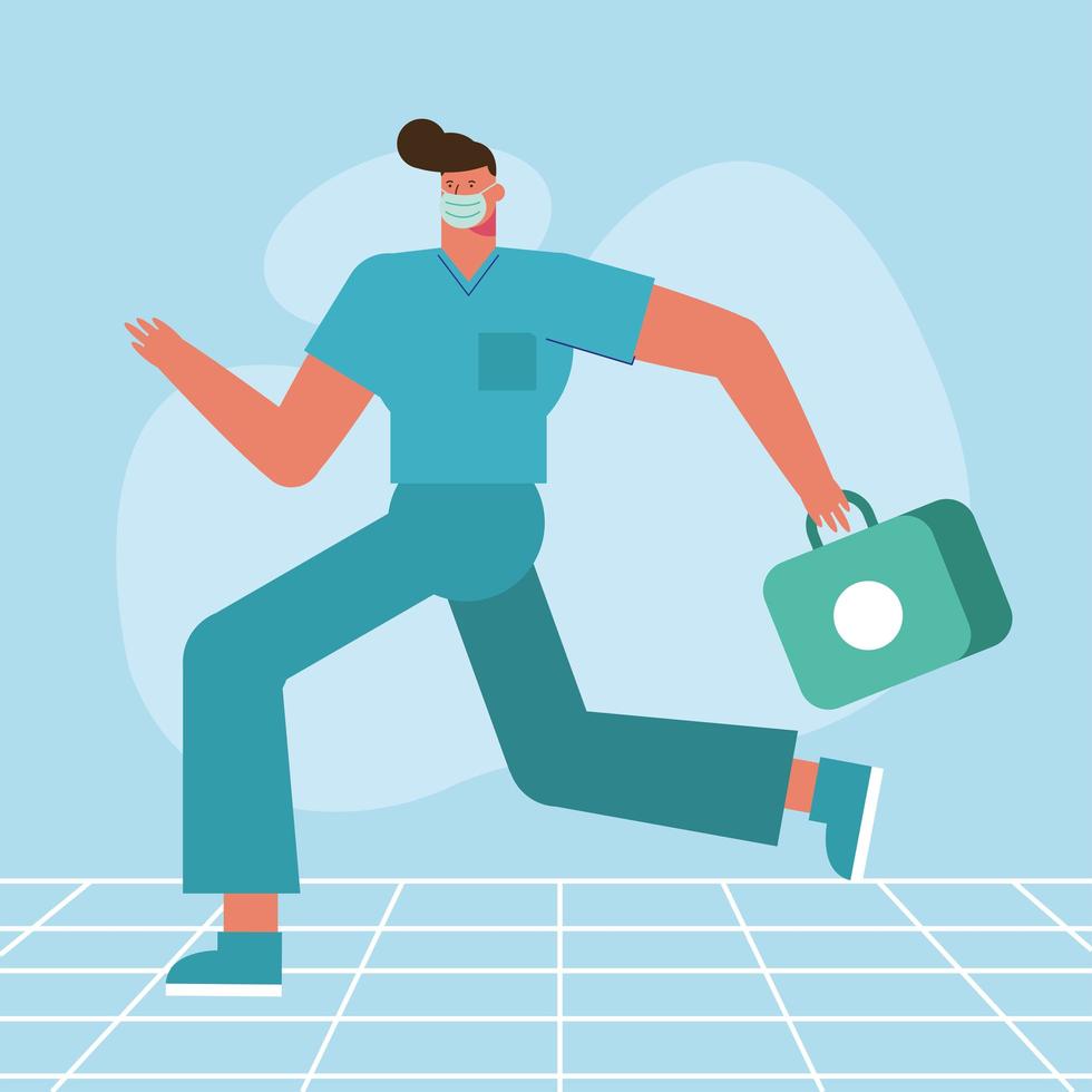 Doctor character running with medical kit vector