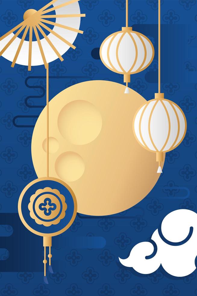 mid autumn festival poster with moon and lanterns hanging vector