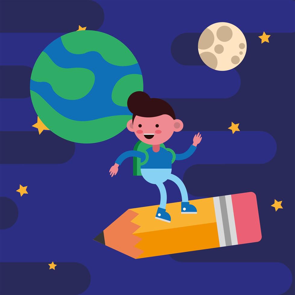 Little student boy flying on a pencil vector