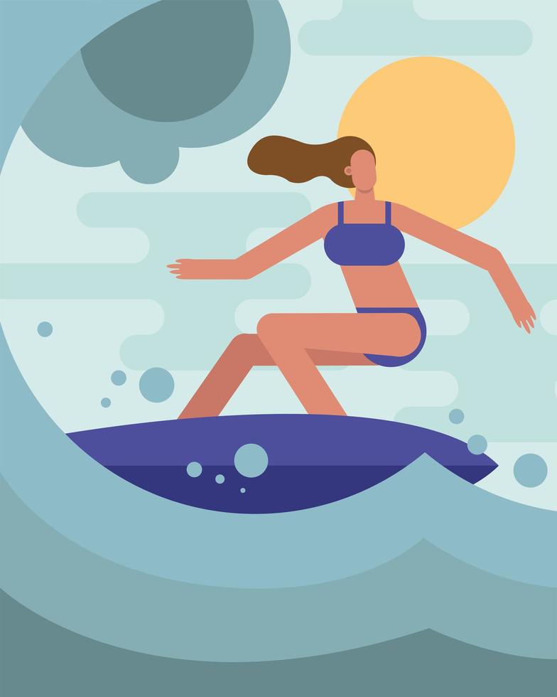 mujer joven surfeando vector