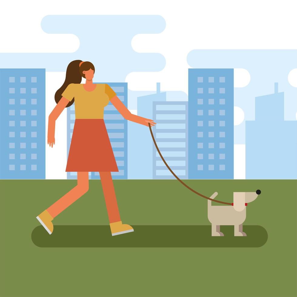 mujer joven paseando al perro al aire libre vector