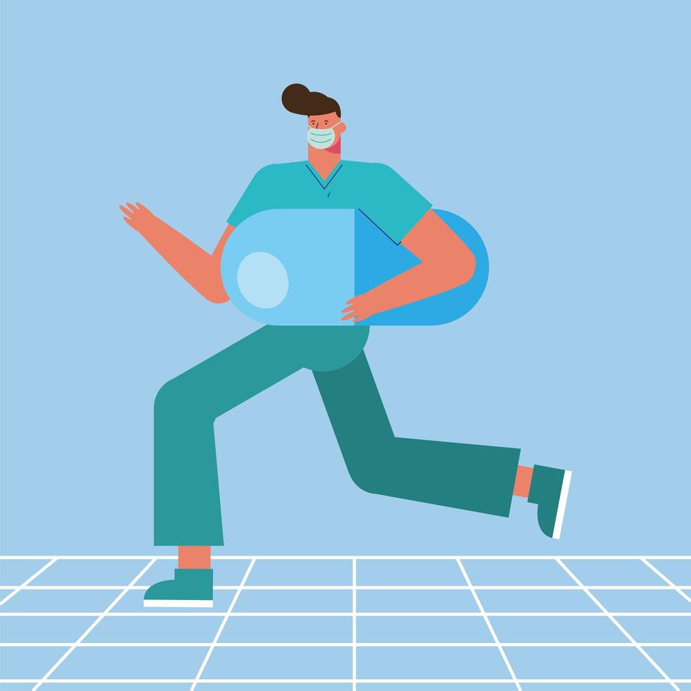 Male nurse wearing a medical mask and running with big pill vector