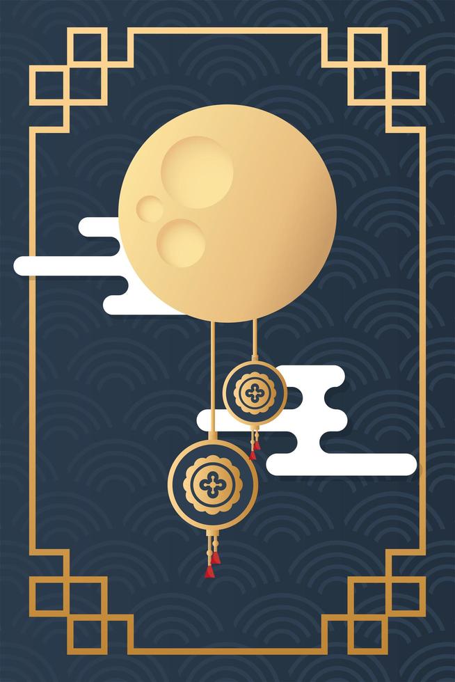 mid autumn festival poster with moon and lanterns hanging vector