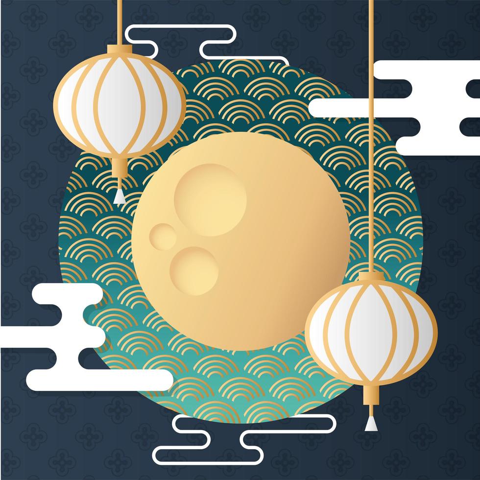 mid autumn festival poster with moon and lanterns hanging vector