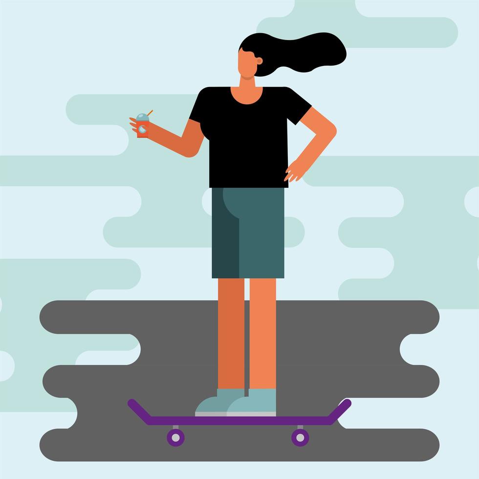 young woman riding a skateboard outdoors vector