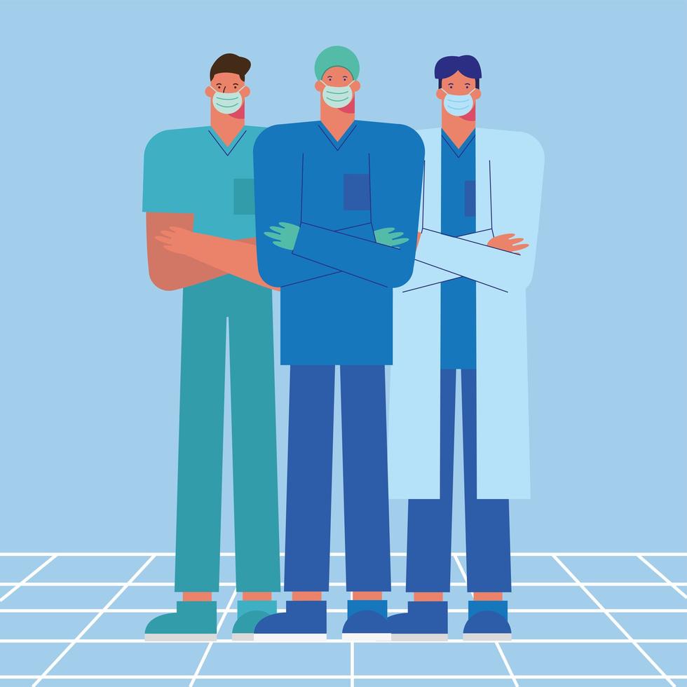 Health care workers wearing medical masks vector