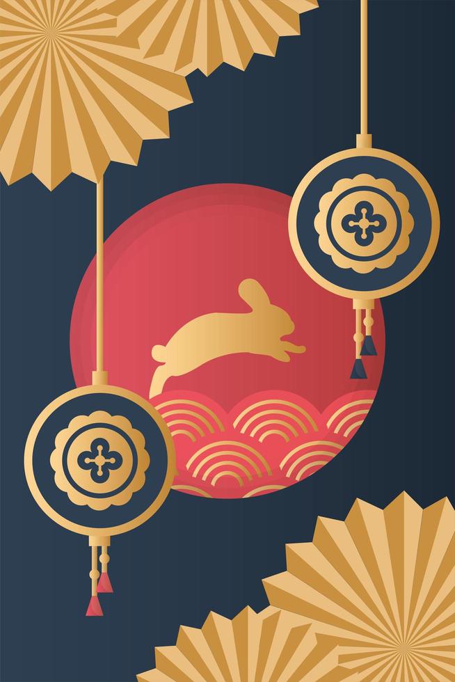 cartel del festival del medio otoño con conejo dorado vector
