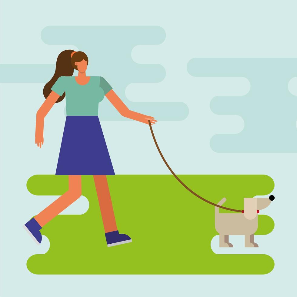 mujer joven paseando al perro al aire libre vector