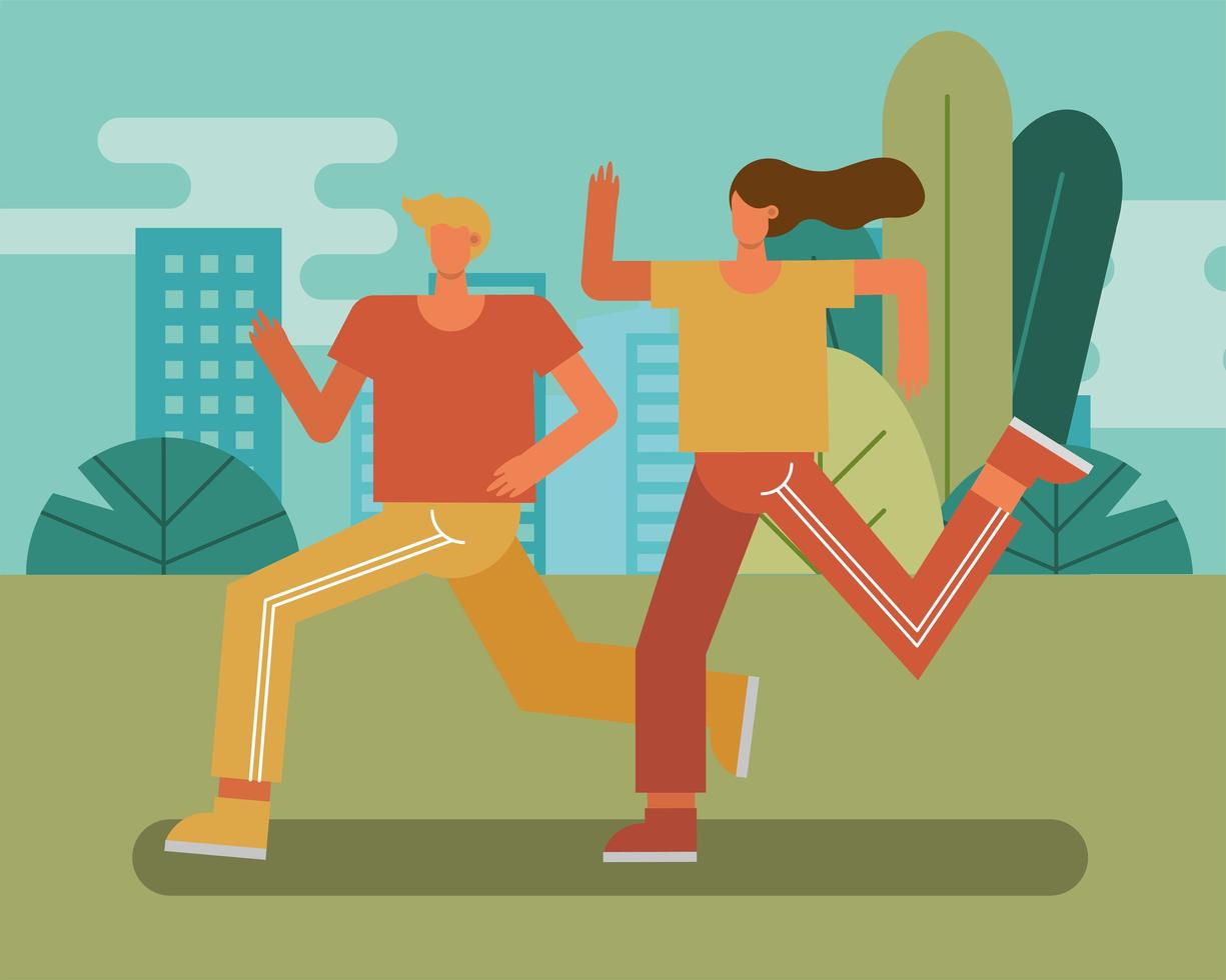 young couple running outdoors vector