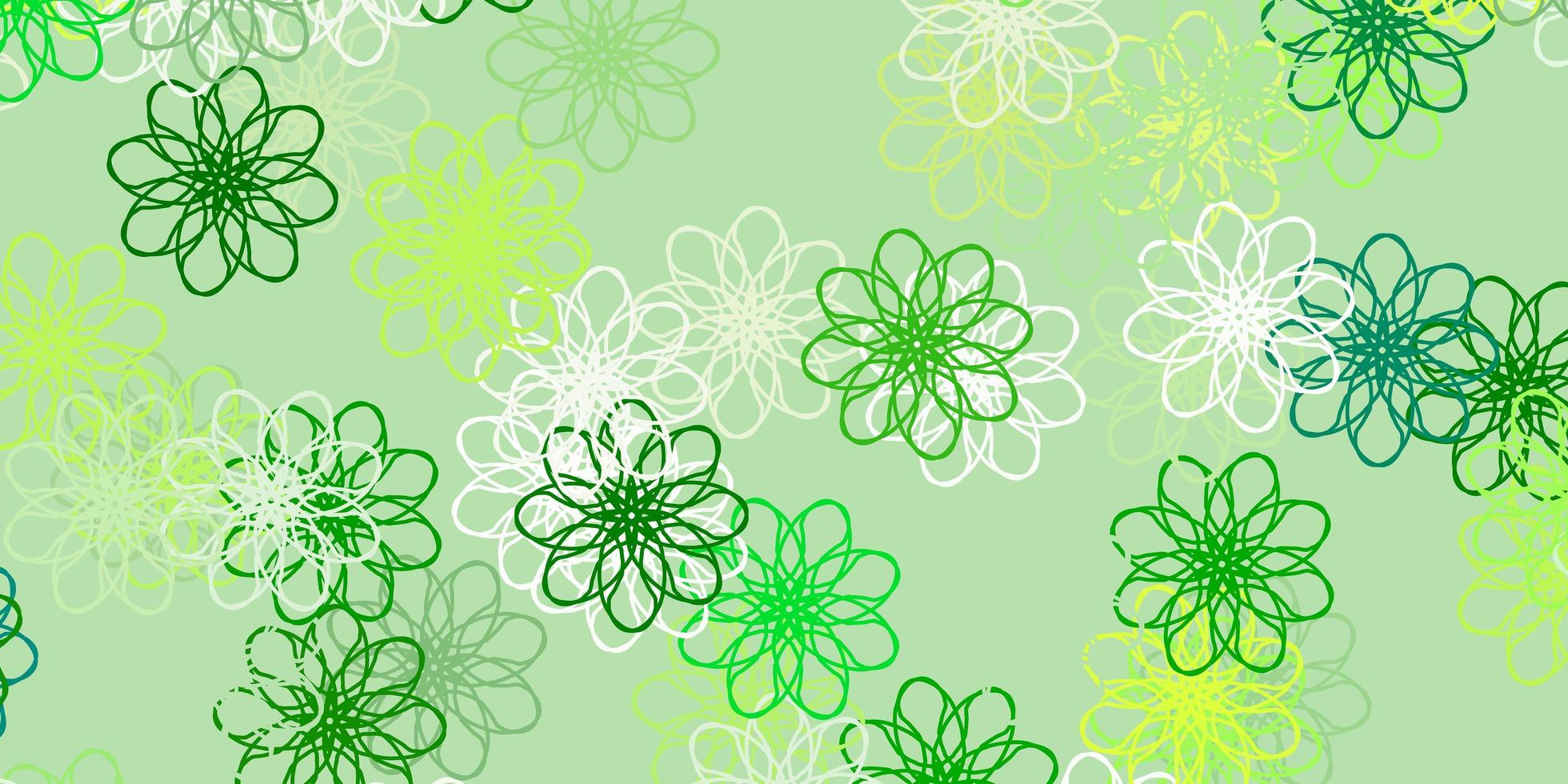 plantilla de doodle de vector verde claro, amarillo con flores.