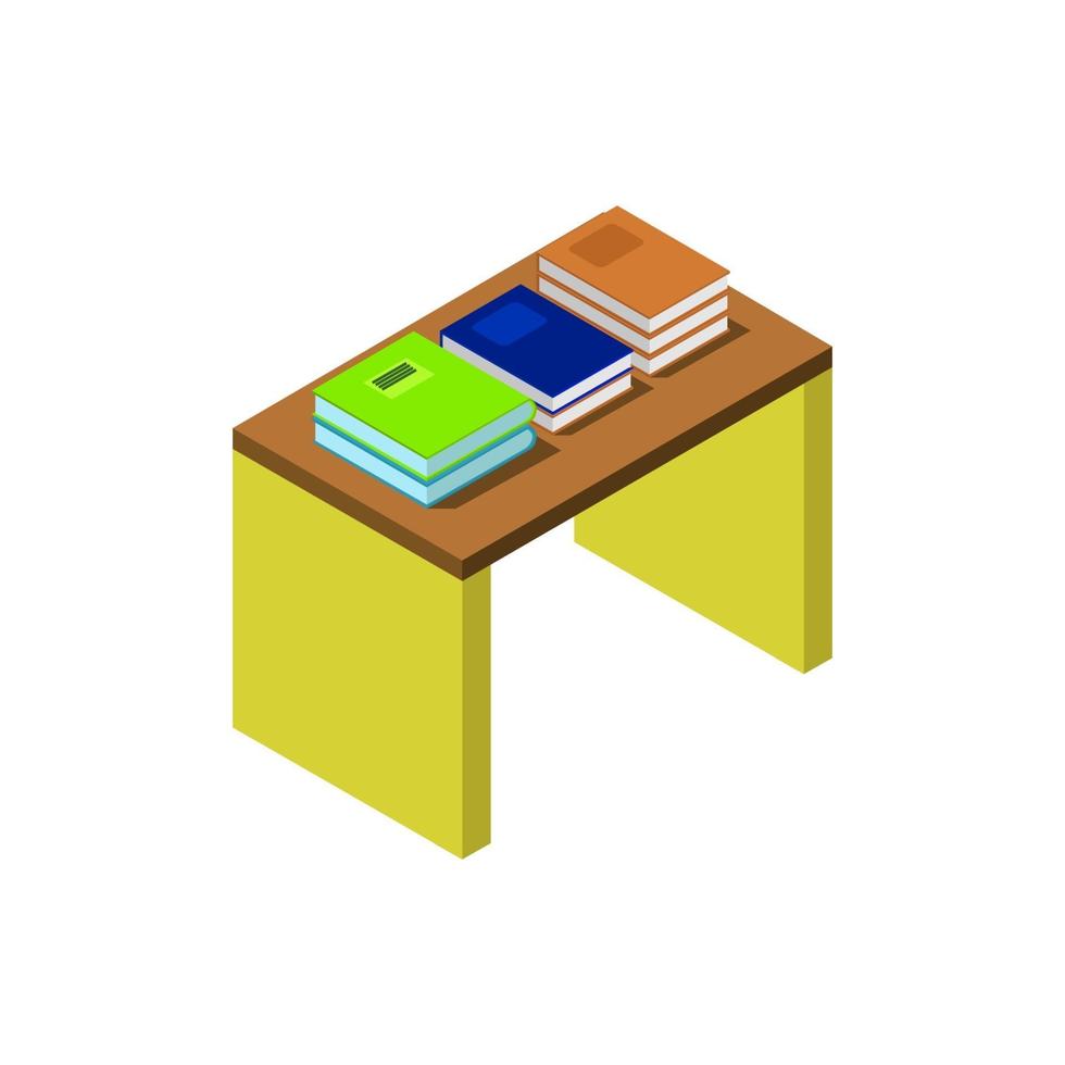 Mesa con libros isométricos sobre fondo blanco. vector