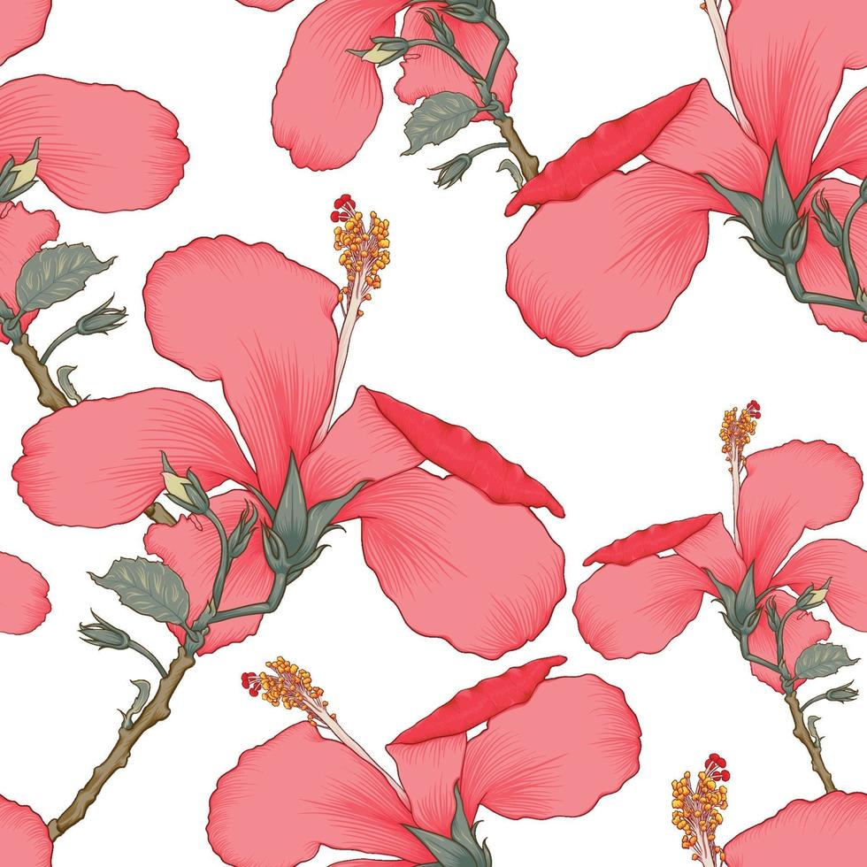Seamless pattern tropical summer with red Hibiscus flowers on isolated white background. Vector illustration hand drawing dry watercolor style. For fabric design.