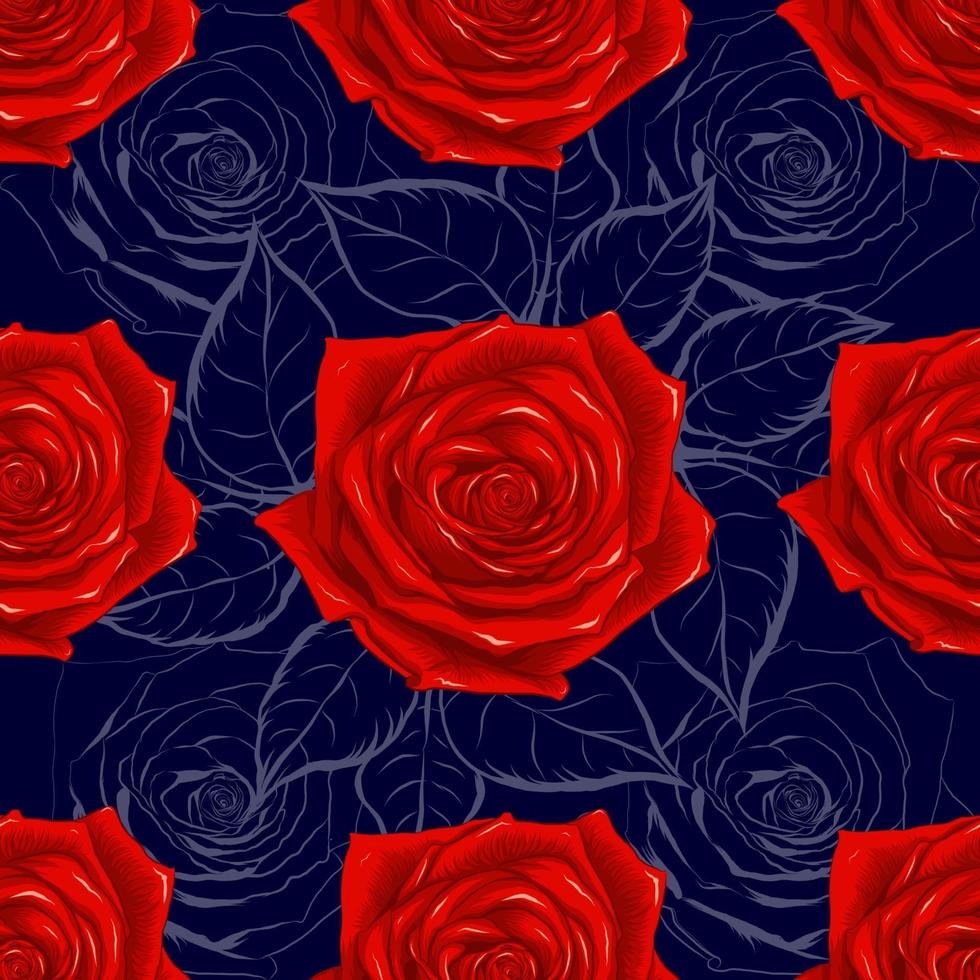 Seamless pattern beautiful red Rose flowers on abstract dark bllue background. Vector illustration hand drawing line art.