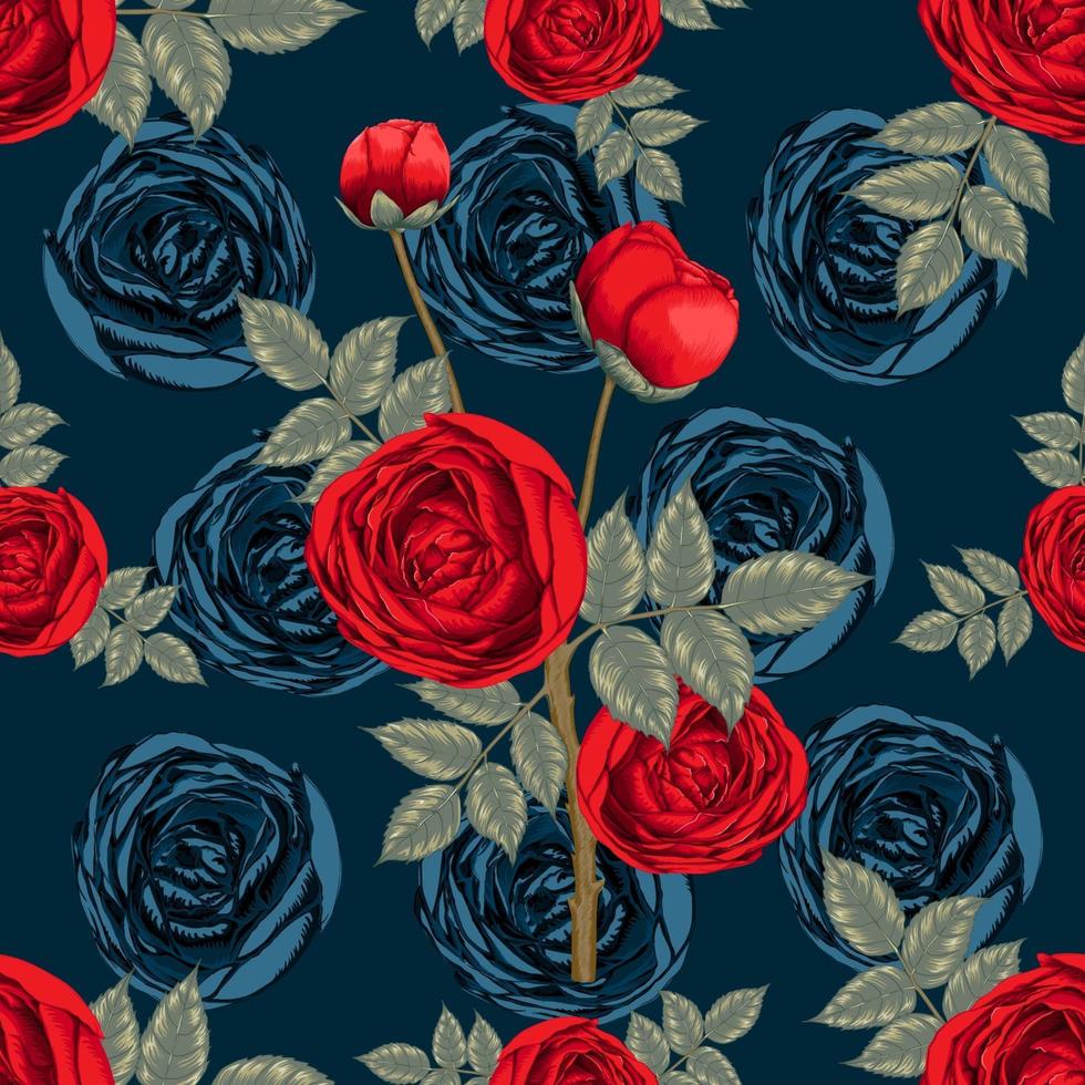 Seamless pattern beautiful red Rose flowers on dark blue abstract background. Vector illustration dry watercolor hand drawing line art style. For fabric design