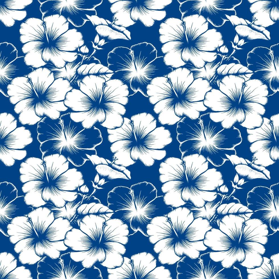 Seamless pattern botanical vintage Hibiscus flowers abstract classic blue background. Vector illustration drawing line art. For used wallpaper design,textile fabric or wrapping paper.